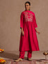 Janasya Women's Pink Silk Blend Yoke Embroidered A-line Kurta Set